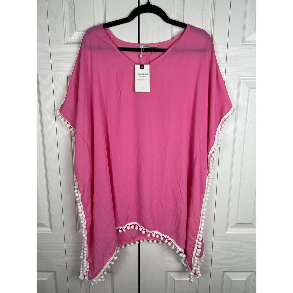 PinkMStyle Hot Pink Pom Pom‎ Kaftan Cover Up Oversized Barbiecore Resort L XL